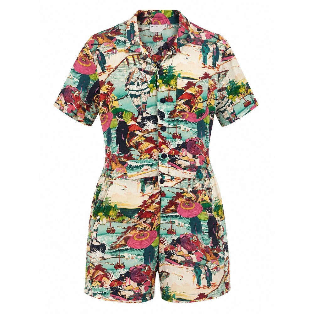 ASOS Womens Romper Playsuit Japanese Ukiyo-e Art Print Short Sleeve Multicolor